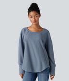 Scoop Neck Long Sleeve Curved Hem Relaxed Waffle Casual Top — Grey Blue — view 2