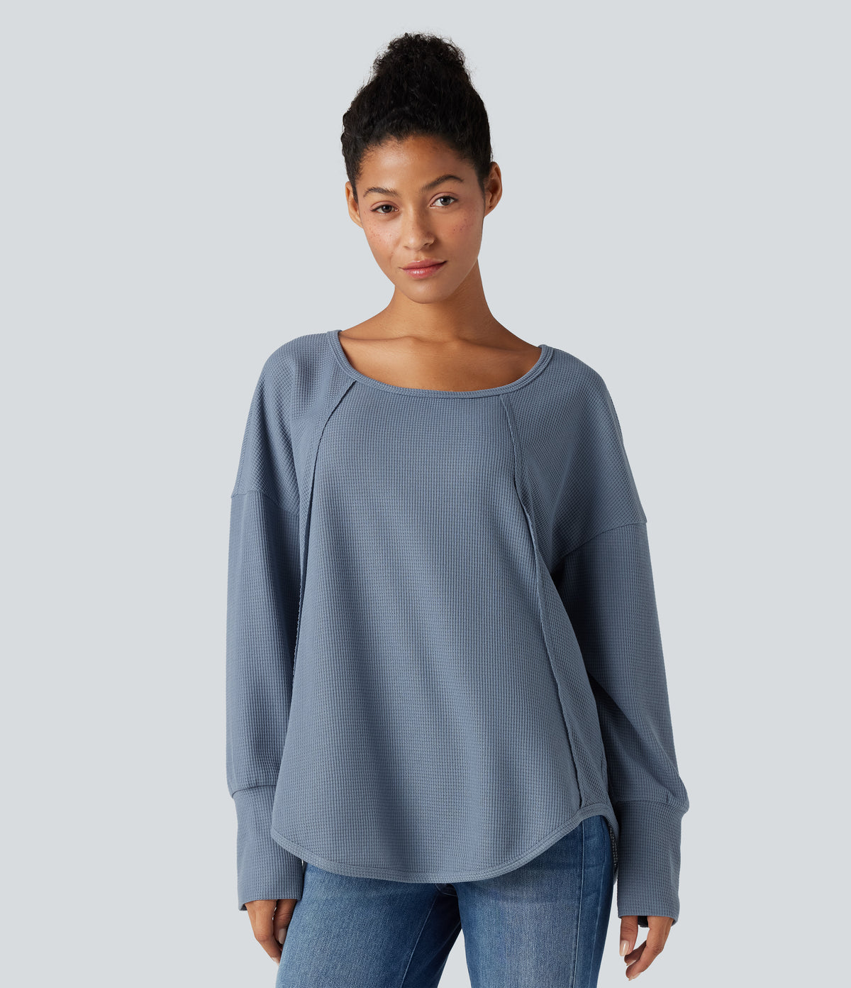 Scoop Neck Long Sleeve Curved Hem Relaxed Waffle Casual Top — Grey Blue — view 2