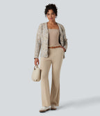 V-neck Leopard Wool-Blend Casual Cardigan — Tan and Brown Speckles — view 6