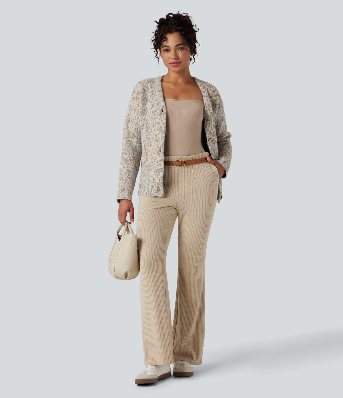 V-neck Leopard Wool-Blend Casual Cardigan — Tan and Brown Speckles — view 6