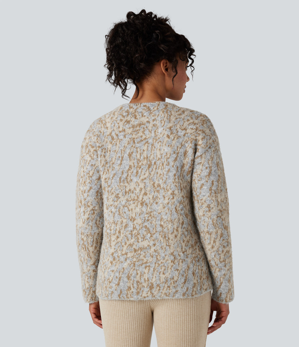V-neck Leopard Wool-Blend Casual Cardigan — Tan and Brown Speckles — view 2