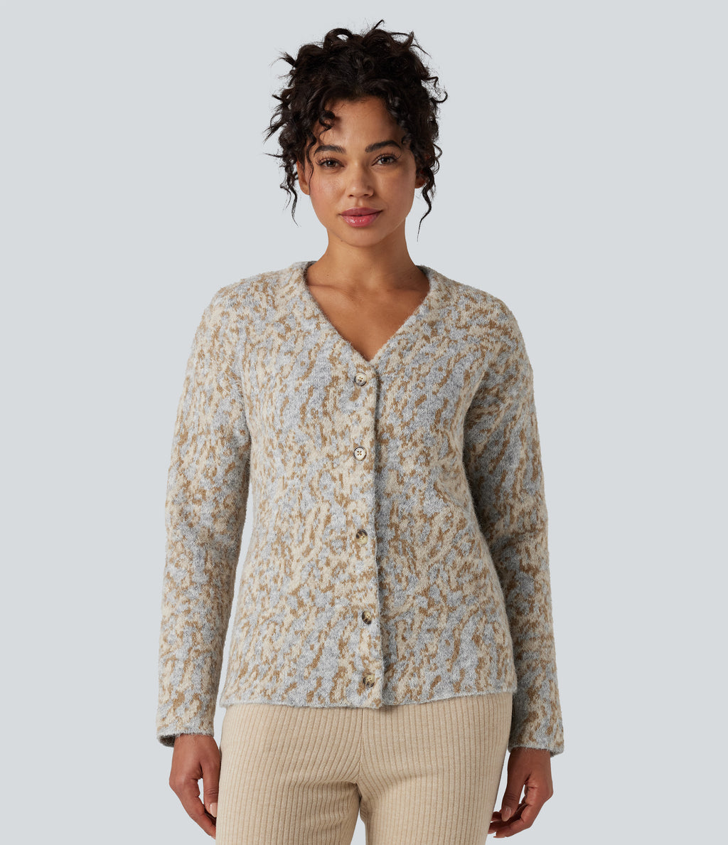 V-neck Leopard Wool-Blend Casual Cardigan — Tan and Brown Speckles — view 5
