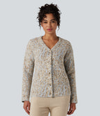 V-neck Leopard Wool-Blend Casual Cardigan — Tan and Brown Speckles — view 5