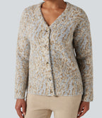 V-neck Leopard Wool-Blend Casual Cardigan — Tan and Brown Speckles — view 4