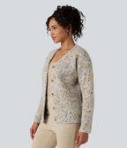 V-neck Leopard Wool-Blend Casual Cardigan — Tan and Brown Speckles — view 3