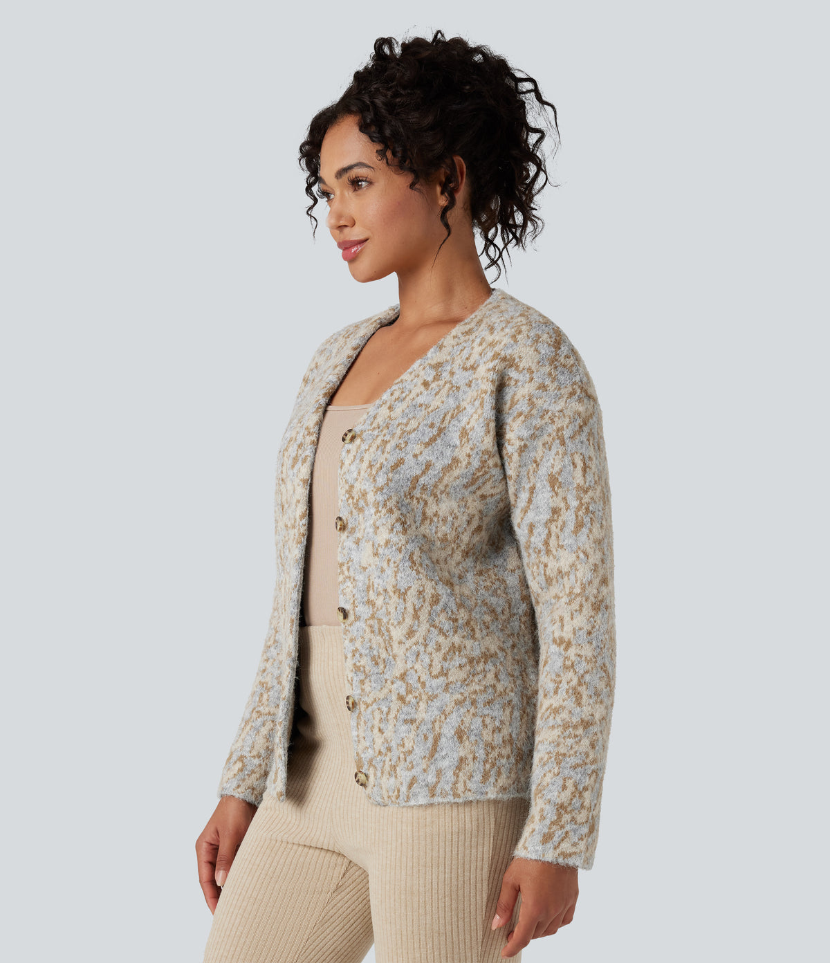 V-neck Leopard Wool-Blend Casual Cardigan — Tan and Brown Speckles — view 3