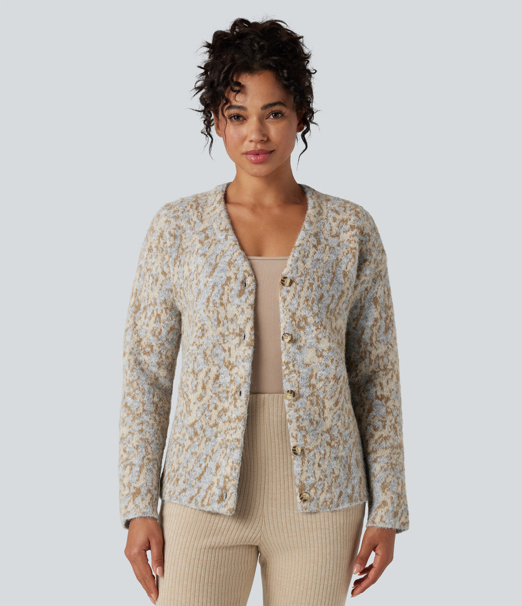 V-neck Leopard Wool-Blend Casual Cardigan — Tan and Brown Speckles — view 1