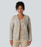 V-neck Leopard Wool-Blend Casual Cardigan — Tan and Brown Speckles — view 1