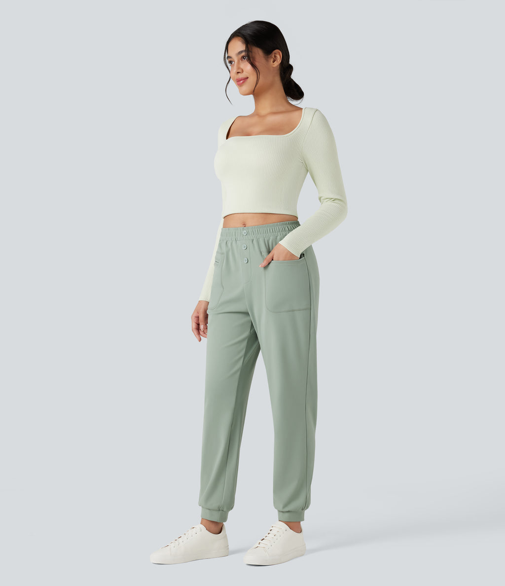 Mid Rise Casual Joggers with Pockets — Iceberg Green — view 7