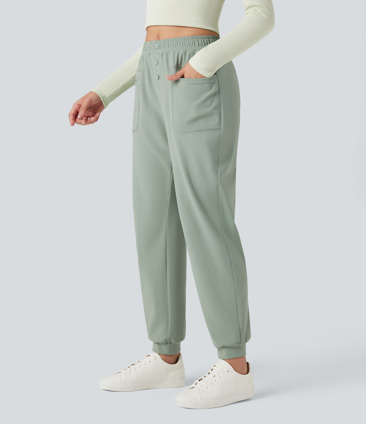 Mid Rise Casual Joggers with Pockets — Iceberg Green — view 3
