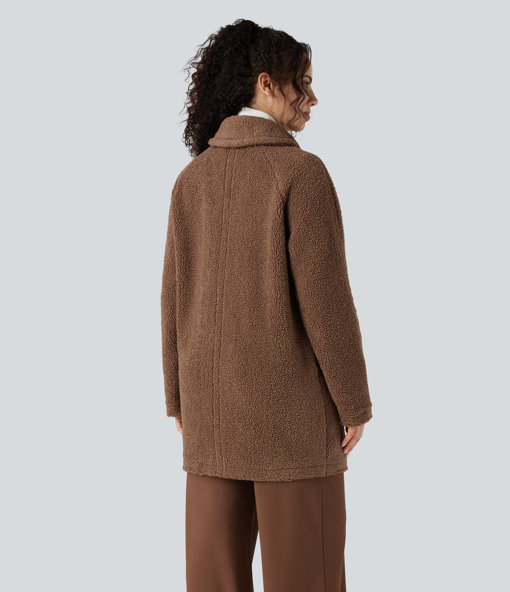 Lapel Relaxed Casual Sherpa Coat with Pockets — Partridge — view 2