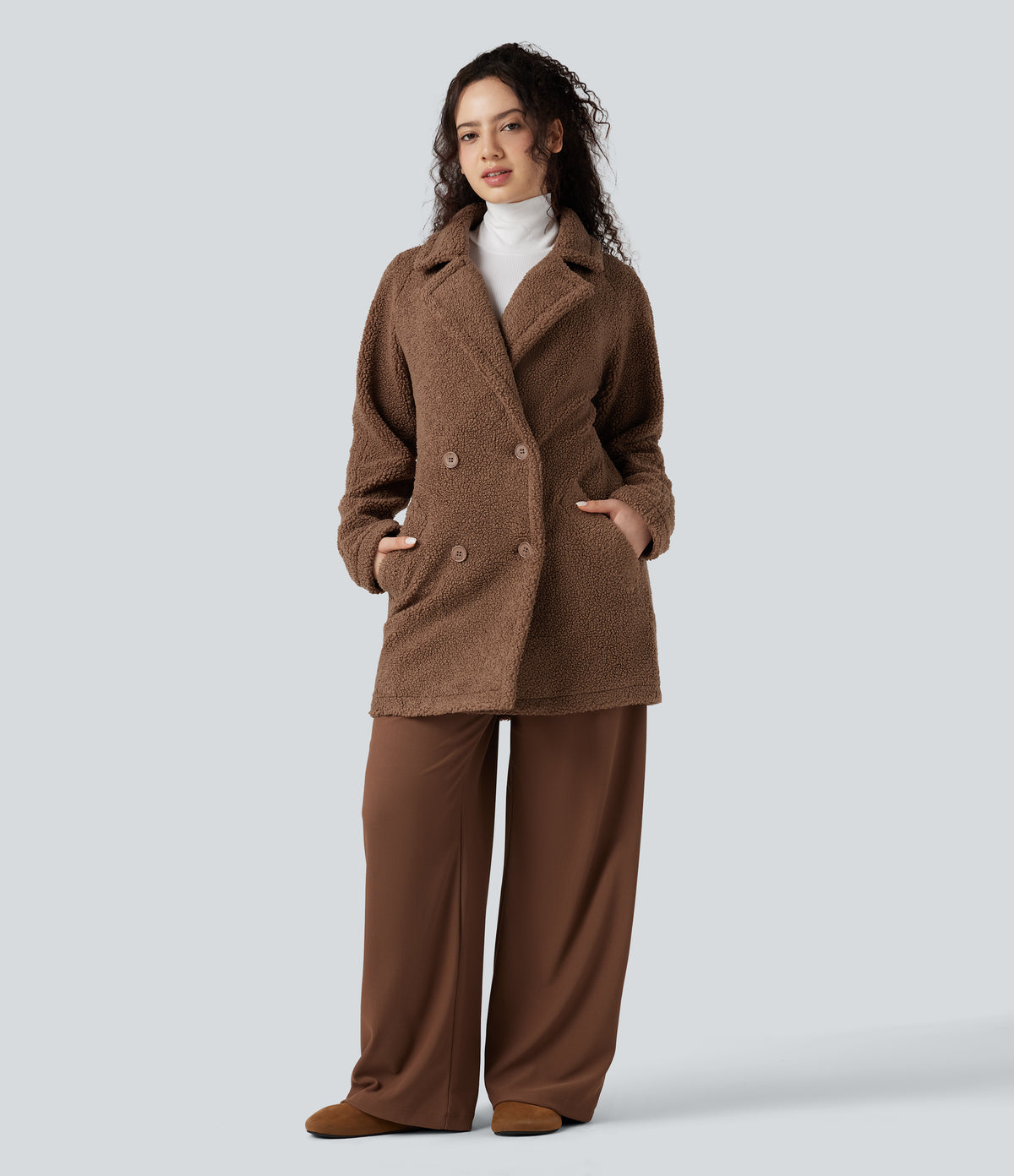 Lapel Relaxed Casual Sherpa Coat with Pockets — Partridge — view 5