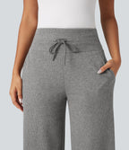 Ribbed Knit High Waisted Tummy Control Drawstring Casual Wide Leg Trousers with Pockets — Pebble Grey — view 4