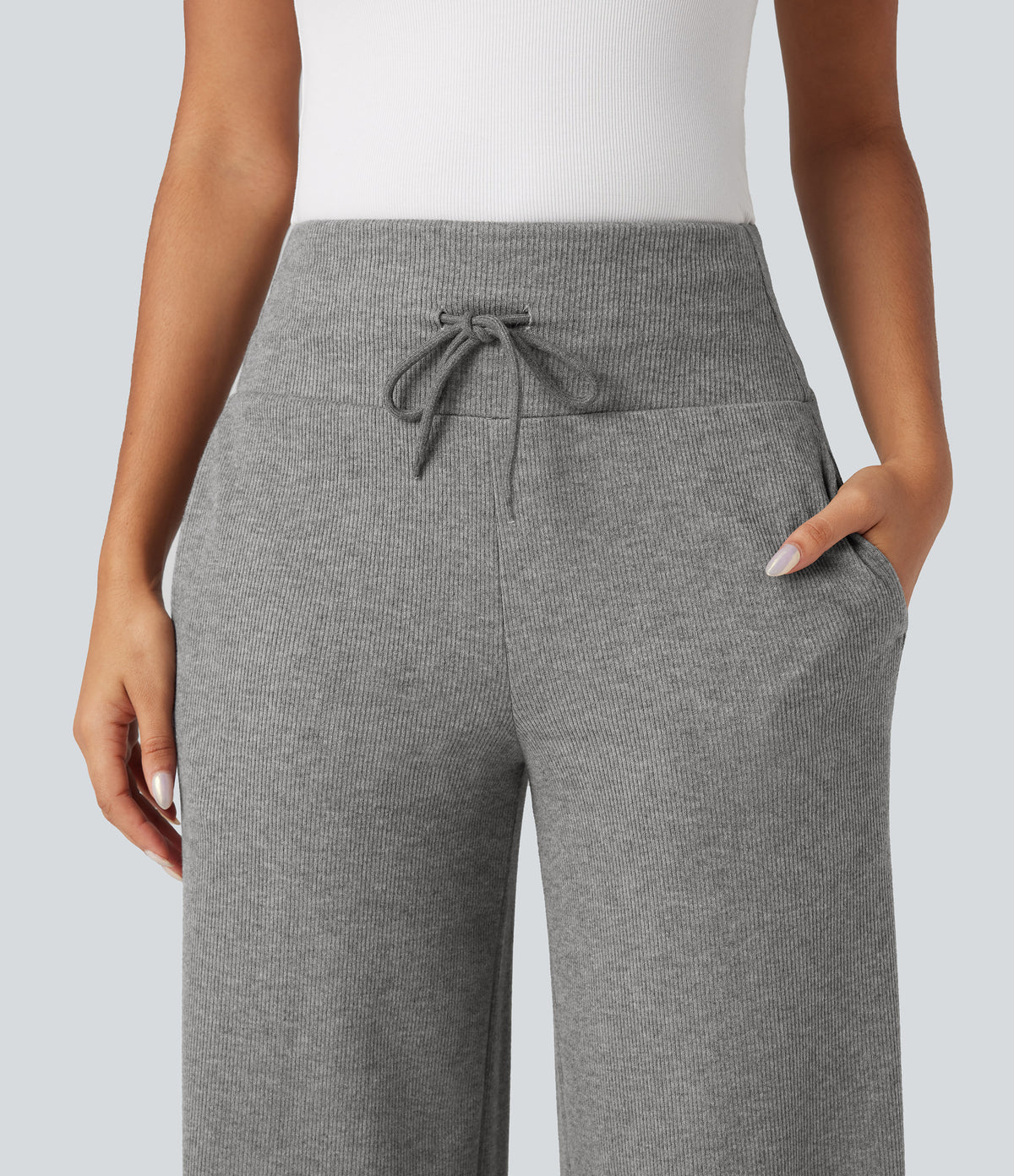 Ribbed Knit High Waisted Tummy Control Drawstring Casual Wide Leg Trousers with Pockets — Pebble Grey — view 4