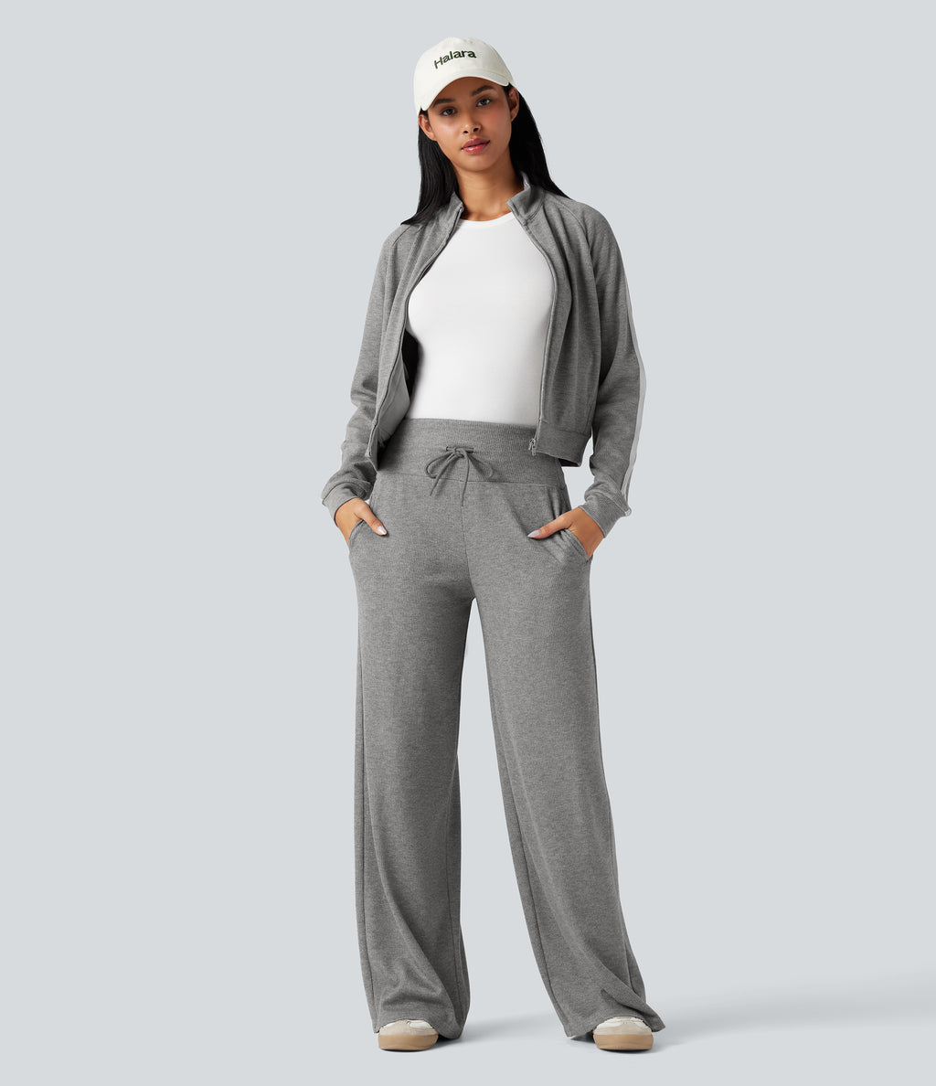 Ribbed Knit High Waisted Tummy Control Drawstring Casual Wide Leg Trousers with Pockets — Pebble Grey — view 6