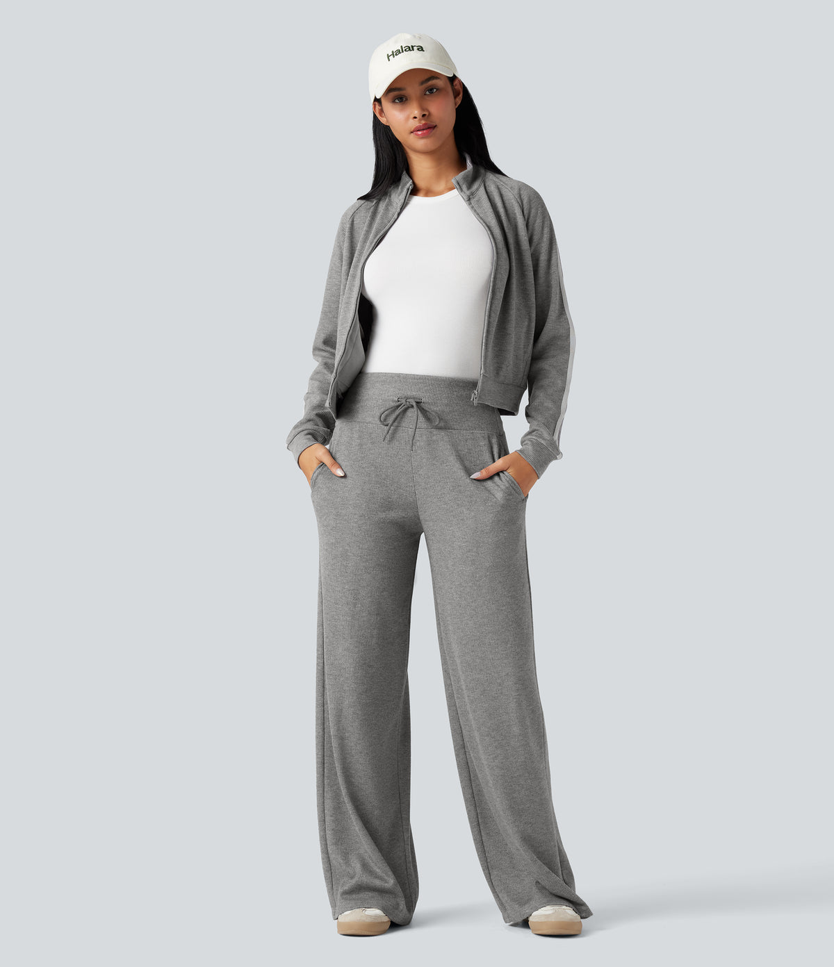 Ribbed Knit High Waisted Tummy Control Drawstring Casual Wide Leg Trousers with Pockets — Pebble Grey — view 6
