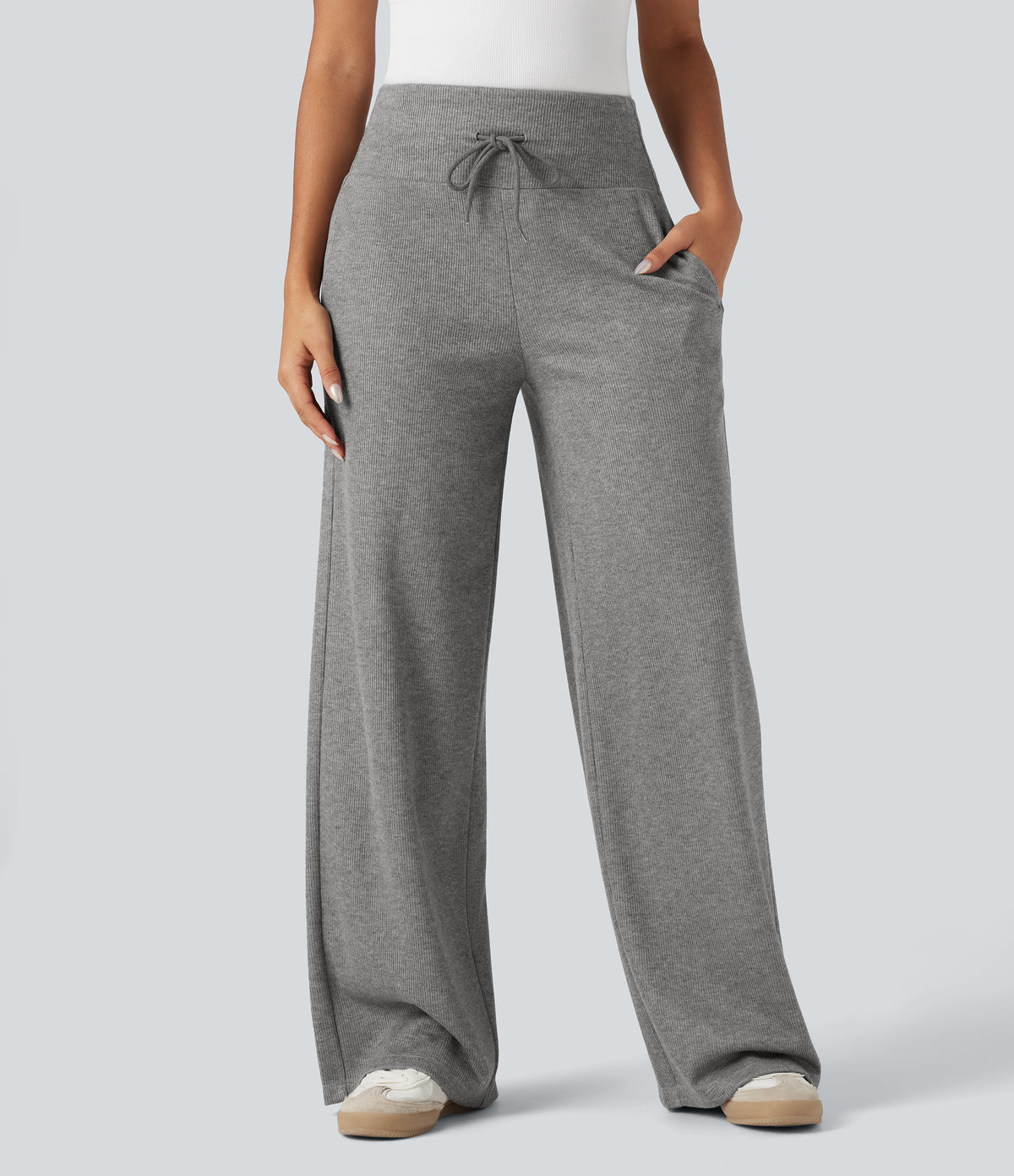 Ribbed Knit High Waisted Tummy Control Drawstring Casual Wide Leg Trousers with Pockets — Pebble Grey — view 3