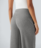 Ribbed Knit High Waisted Tummy Control Drawstring Casual Wide Leg Trousers with Pockets — Pebble Grey — view 5