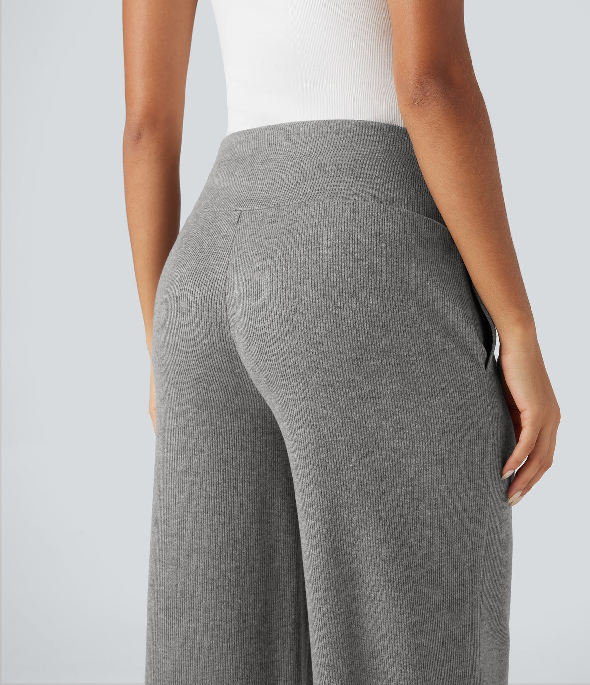 Ribbed Knit High Waisted Tummy Control Drawstring Casual Wide Leg Trousers with Pockets — Pebble Grey — view 5