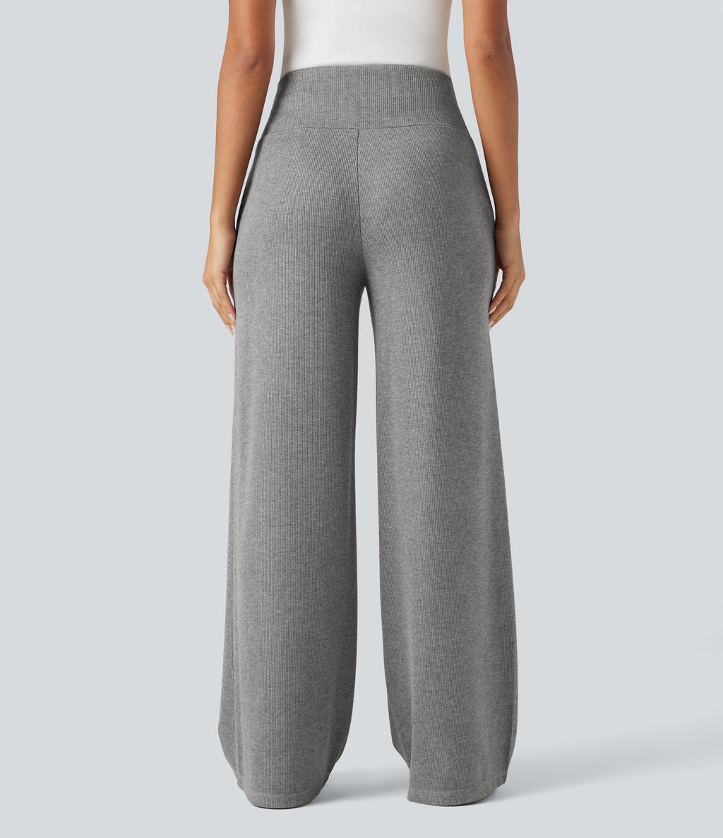 Ribbed Knit High Waisted Tummy Control Drawstring Casual Wide Leg Trousers with Pockets — Pebble Grey — view 2