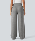 Ribbed Knit High Waisted Tummy Control Drawstring Casual Wide Leg Trousers with Pockets — Pebble Grey — view 2