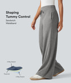 Ribbed Knit High Waisted Tummy Control Drawstring Casual Wide Leg Trousers with Pockets — Pebble Grey — view 1