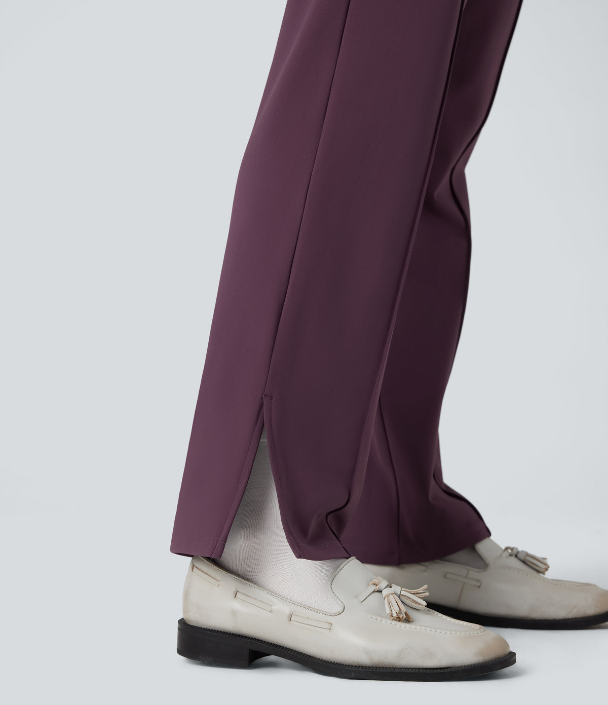 Plush Thermal Mid Rise Split Hem Straight Leg Work Trousers with Pockets — Prune Purple — view 6