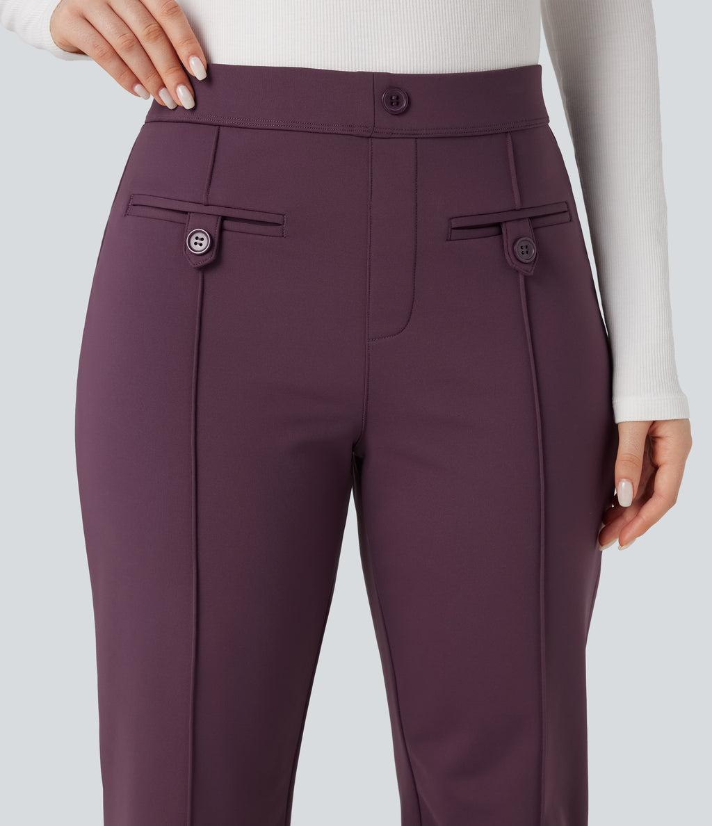 Plush Thermal Mid Rise Split Hem Straight Leg Work Trousers with Pockets — Prune Purple — view 4