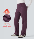 Plush Thermal Mid Rise Split Hem Straight Leg Work Trousers with Pockets — Prune Purple — view 1