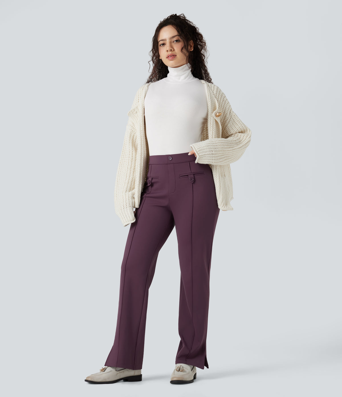 Plush Thermal Mid Rise Split Hem Straight Leg Work Trousers with Pockets — Prune Purple — view 7
