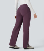 Plush Thermal Mid Rise Split Hem Straight Leg Work Trousers with Pockets — Prune Purple — view 2