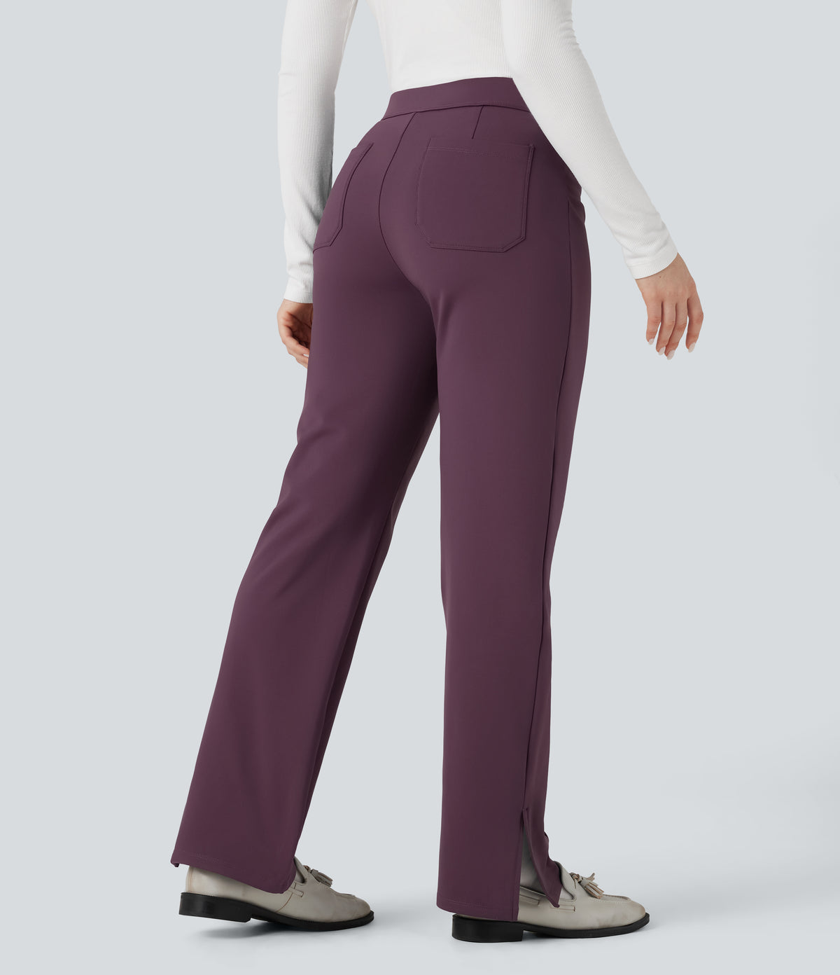 Plush Thermal Mid Rise Split Hem Straight Leg Work Trousers with Pockets — Prune Purple — view 2