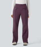 Plush Thermal Mid Rise Split Hem Straight Leg Work Trousers with Pockets — Prune Purple — view 3
