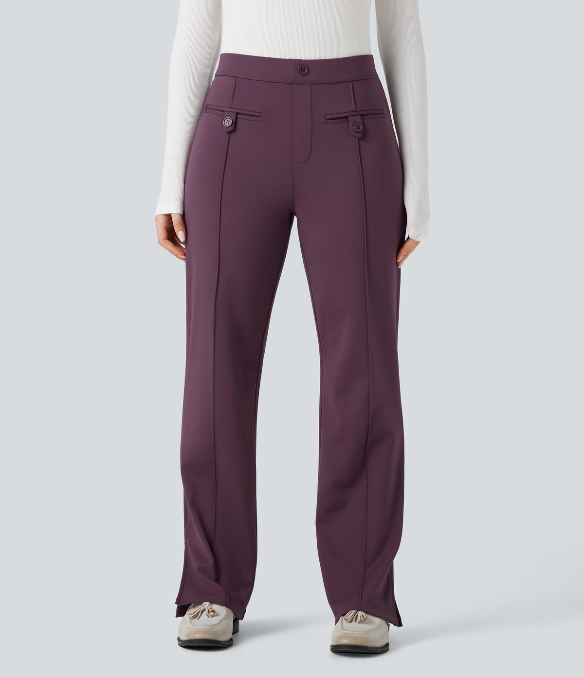 Plush Thermal Mid Rise Split Hem Straight Leg Work Trousers with Pockets — Prune Purple — view 3