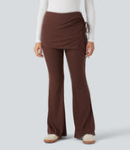 Ribbed Knit Mid Rise Ruched Drawstring 2-in-1 Casual Flared Trousers — Chocolate Fondant — view 3