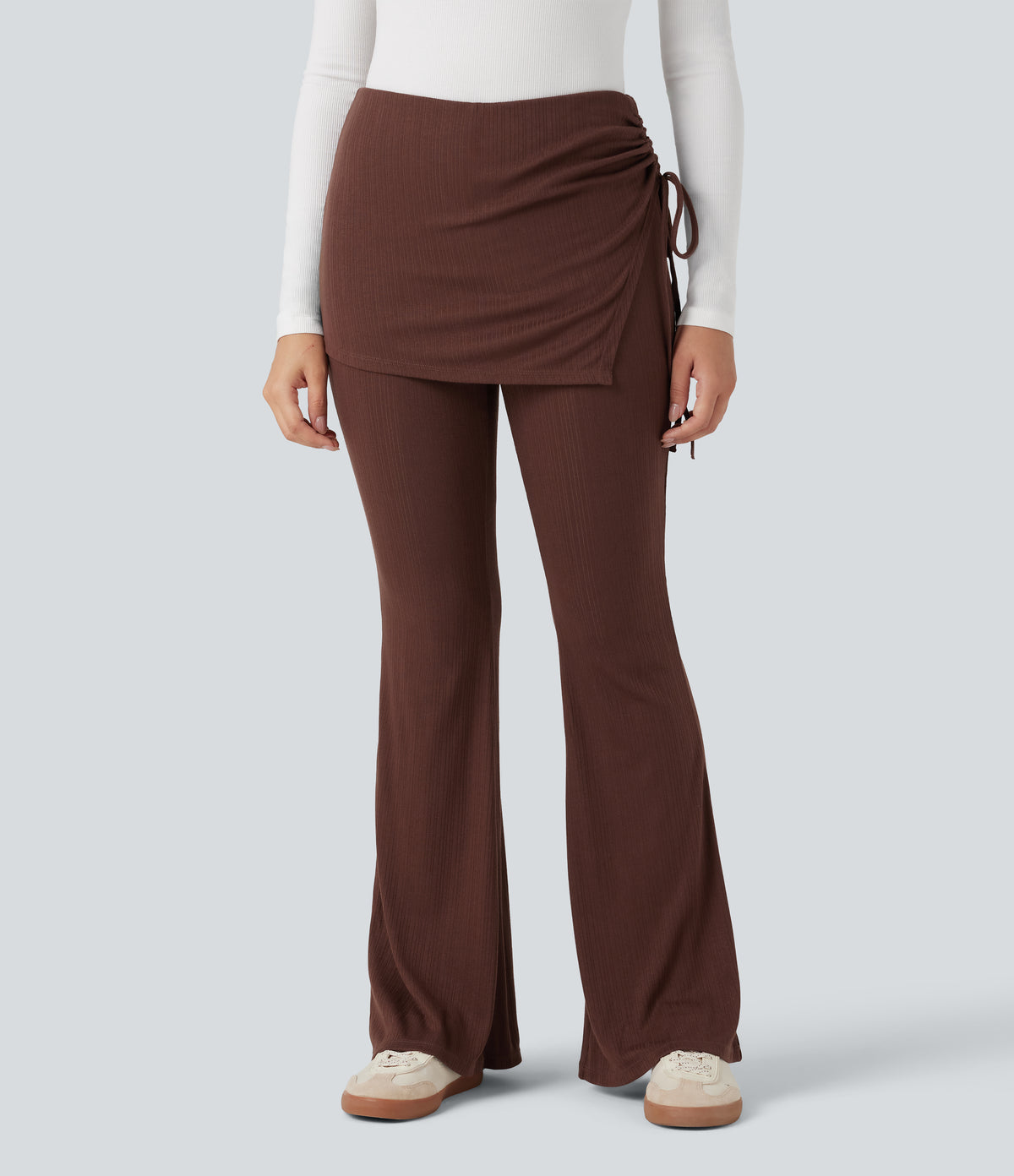 Ribbed Knit Mid Rise Ruched Drawstring 2-in-1 Casual Flared Trousers — Chocolate Fondant — view 3