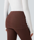 Ribbed Knit Mid Rise Ruched Drawstring 2-in-1 Casual Flared Trousers — Chocolate Fondant — view 5