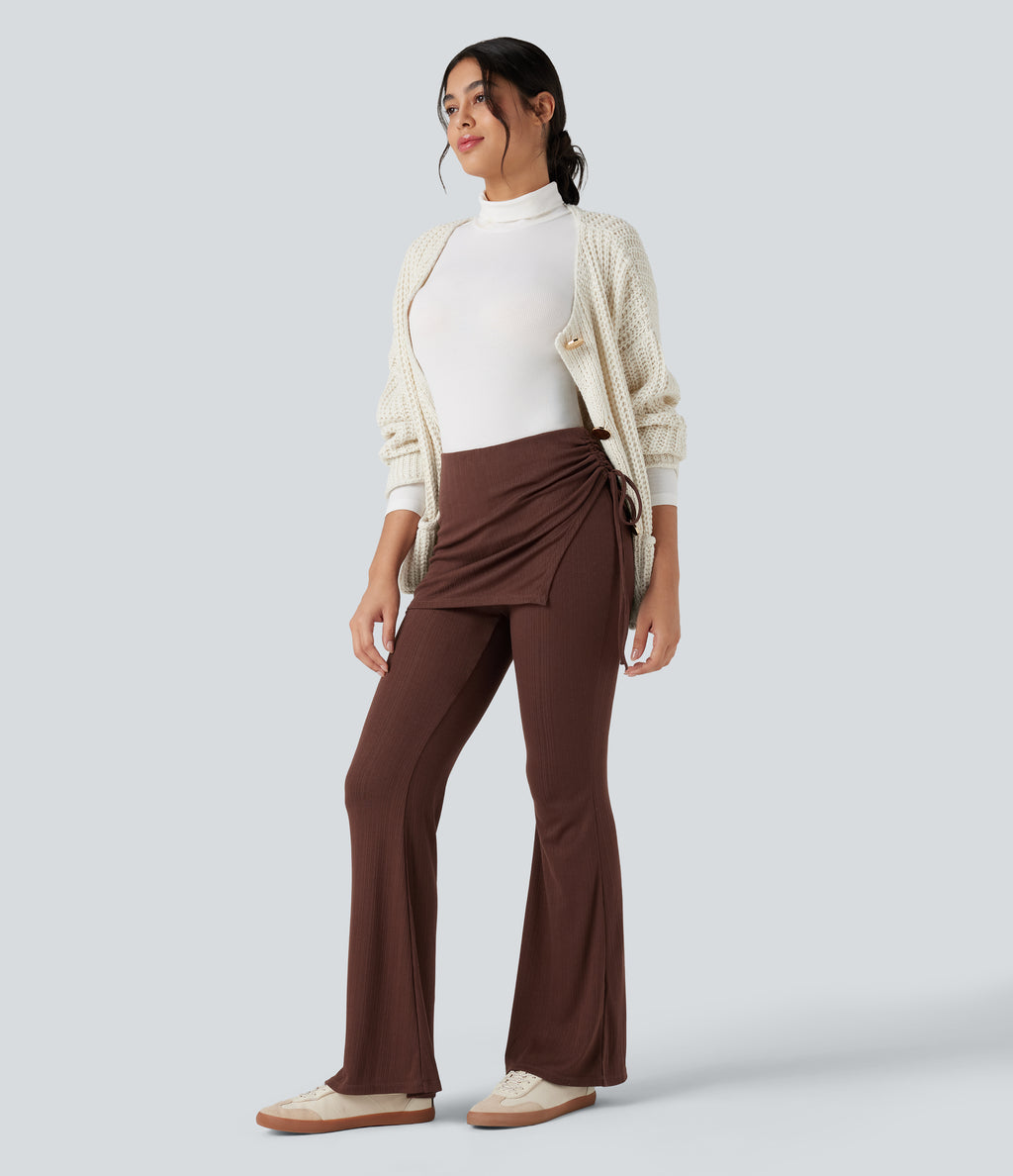 Ribbed Knit Mid Rise Ruched Drawstring 2-in-1 Casual Flared Trousers — Chocolate Fondant — view 6