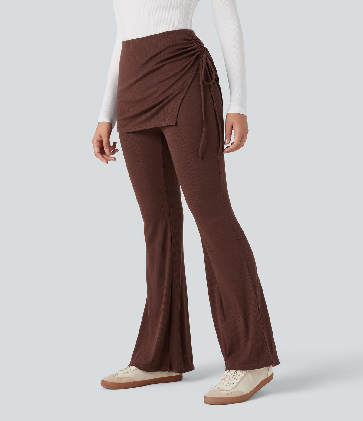 Ribbed Knit Mid Rise Ruched Drawstring 2-in-1 Casual Flared Trousers — Chocolate Fondant — view 1