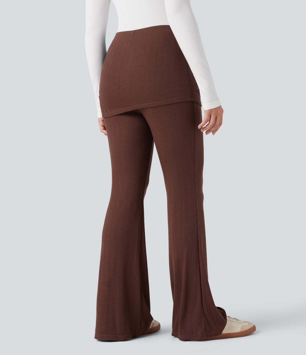 Ribbed Knit Mid Rise Ruched Drawstring 2-in-1 Casual Flared Trousers — Chocolate Fondant — view 2