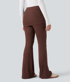 Ribbed Knit Mid Rise Ruched Drawstring 2-in-1 Casual Flared Trousers — Chocolate Fondant — view 2