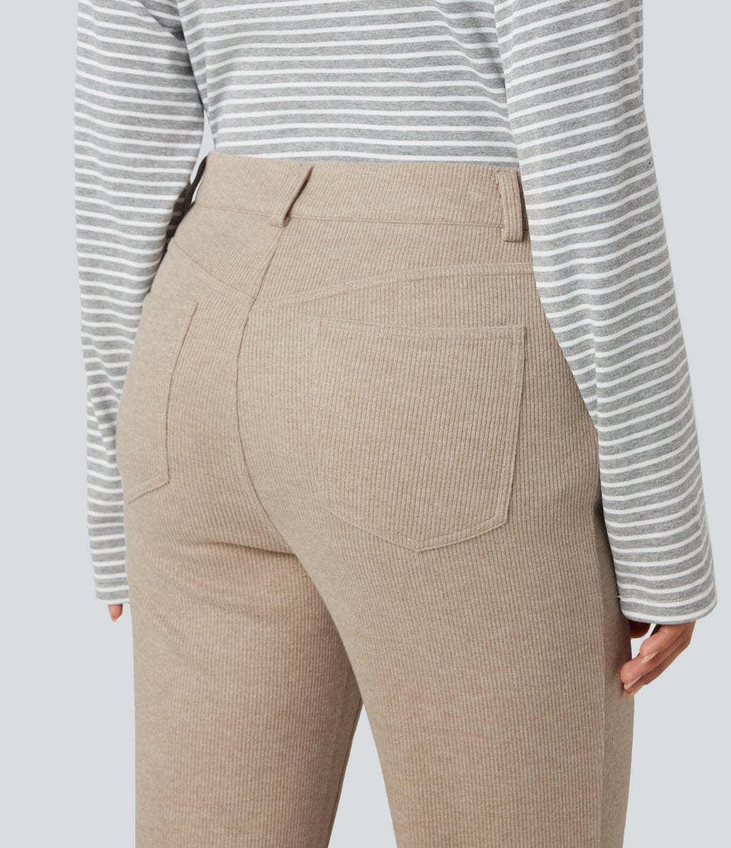 Ribbed High Waisted Fleece Casual Bootcut Trousers with Pockets — Oatstone Beige — view 5