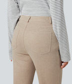 Ribbed High Waisted Fleece Casual Bootcut Trousers with Pockets — Oatstone Beige — view 5