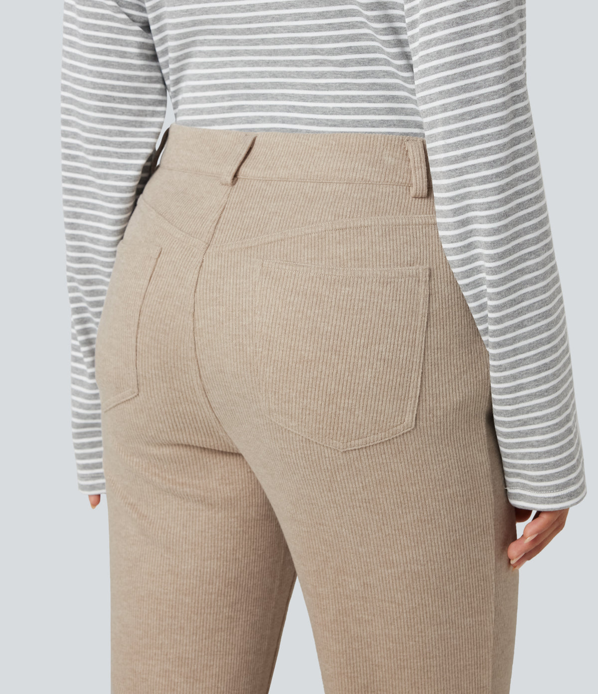 Ribbed High Waisted Fleece Casual Bootcut Trousers with Pockets — Oatstone Beige — view 5