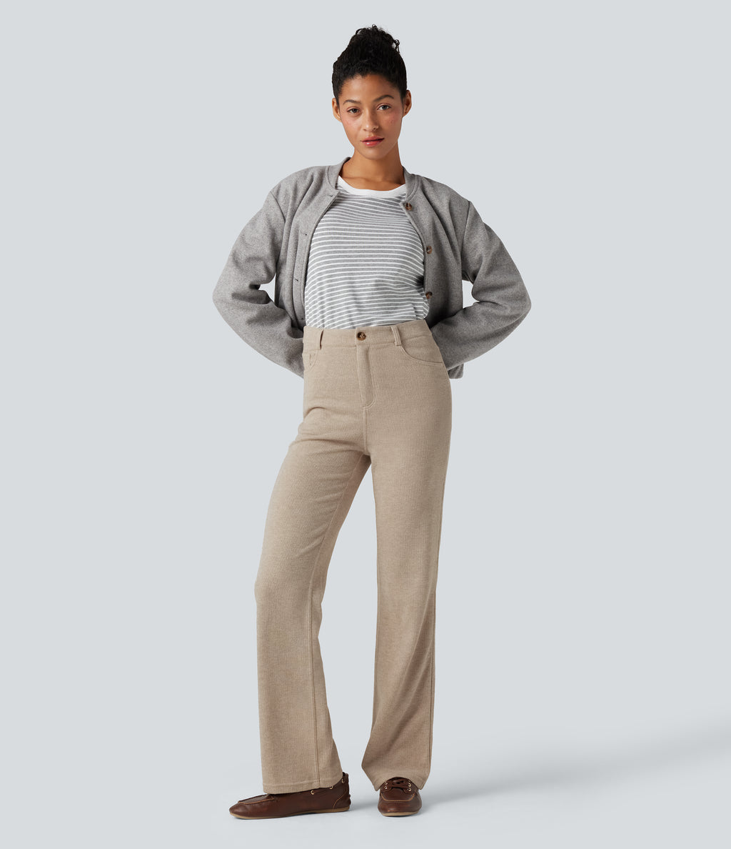 Ribbed High Waisted Fleece Casual Bootcut Trousers with Pockets — Oatstone Beige — view 6