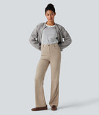 Ribbed High Waisted Fleece Casual Bootcut Trousers with Pockets — Oatstone Beige — view 6