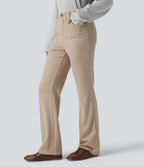 Ribbed High Waisted Fleece Casual Bootcut Trousers with Pockets — Oatstone Beige — view 1