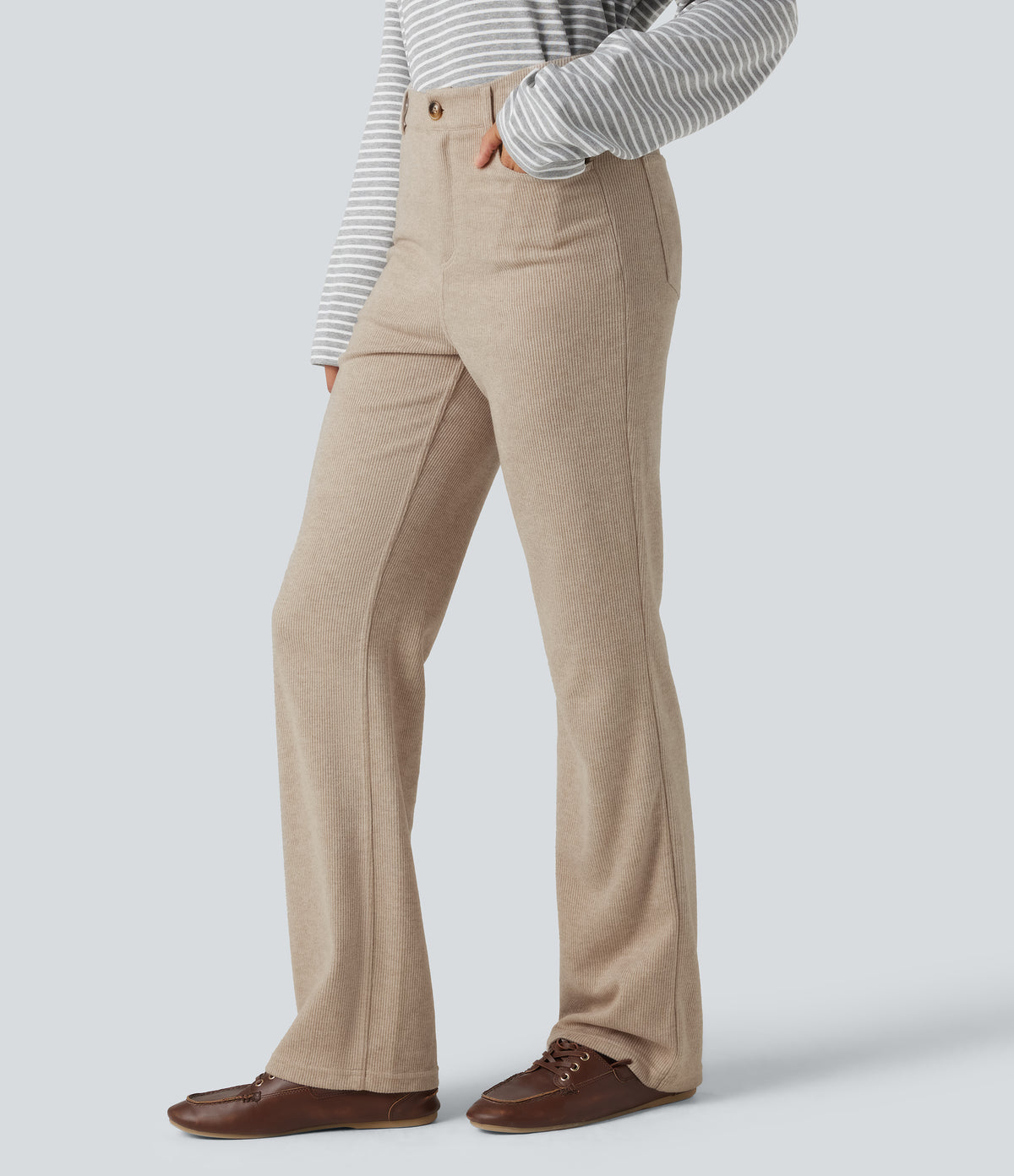 Ribbed High Waisted Fleece Casual Bootcut Trousers with Pockets — Oatstone Beige — view 1