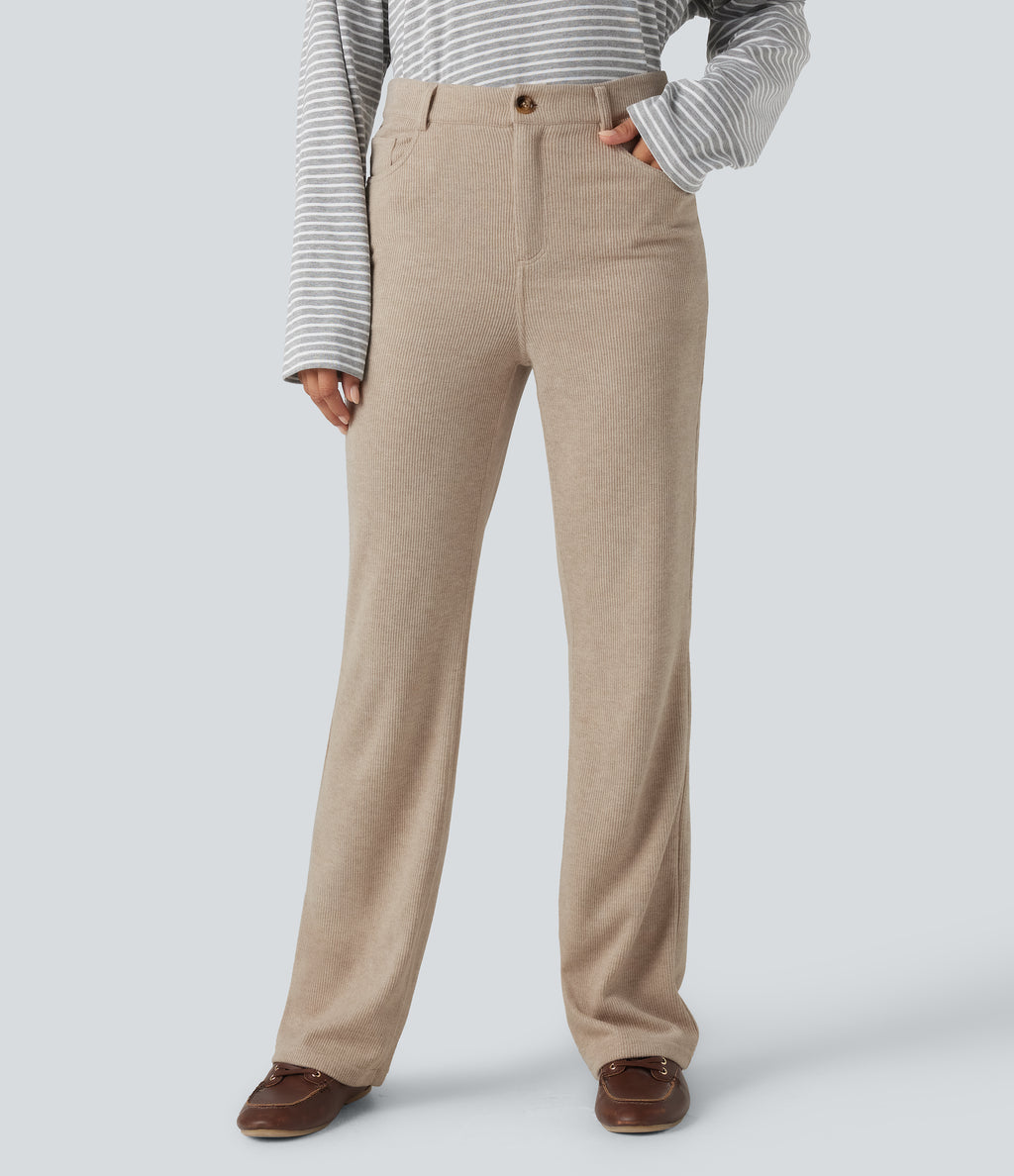 Ribbed High Waisted Fleece Casual Bootcut Trousers with Pockets — Oatstone Beige — view 3