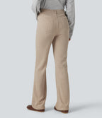 Ribbed High Waisted Fleece Casual Bootcut Trousers with Pockets — Oatstone Beige — view 2